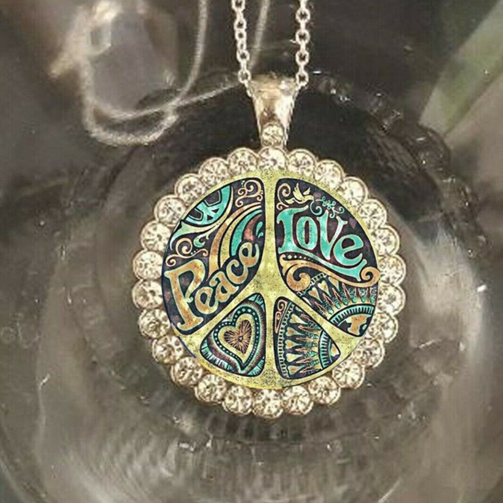 Peace love hippie boho pretty 925 Silver necklace Rhinestones
